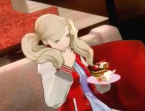 Persona 5 Screenshot: Ana enjoying a pile of sweets
