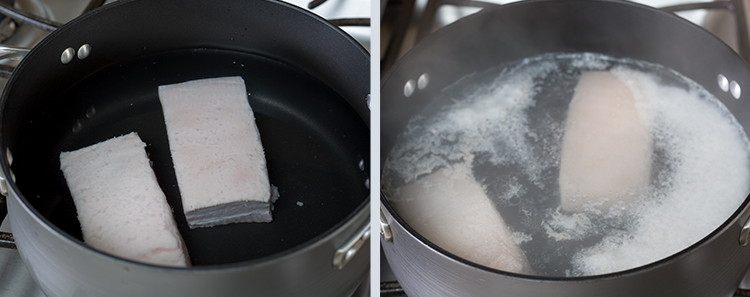 Braised Pork Belly: Boiling pork belly in cold water