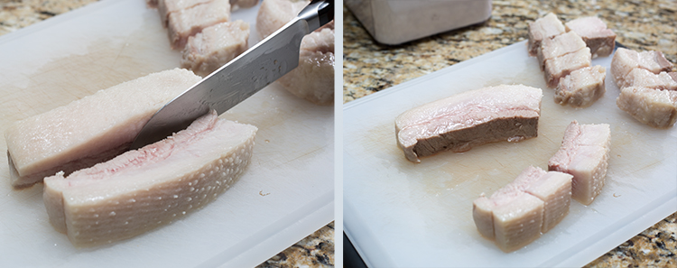 Braised Pork Belly: Cutting the pork belly into square pieces