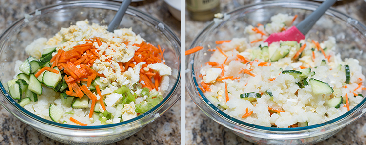 Japanese Potato Salad: Mix in the cucumber, carrot, scallions, and egg