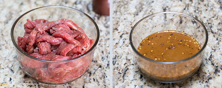 Pepper Steak: Marinading the flank steak and preparing the sauce