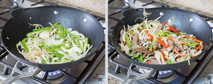 Pepper Steak: Cooking the onions and peppers