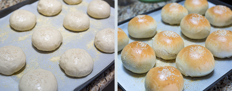 Sesame Seed Buns: Before and after baking
