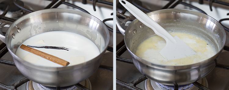 Churros: Heat the milk, butter, salt, sugar, cinnamon stick, and vanilla bean over medium-high heat