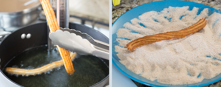 Churros: Finish frying the churro and cover in the sugar, cinnamon, and sage
