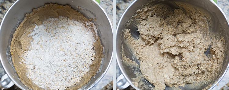 Oatmeal Raisin Cookies: Adding the flour and the oatmeal