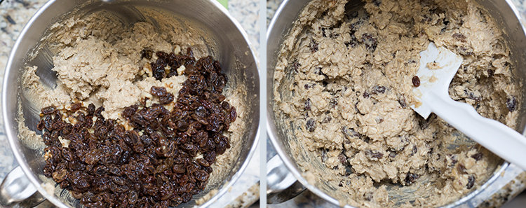 Oatmeal Raisin Cookies: Adding the raisins and walnuts