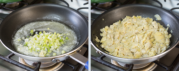 Artichoke Dip: Scallions, garlic and artichoke warming up