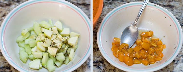 Mixing the vegetables in the olive oil mixture