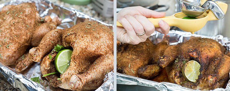 Whole Roasted Verskit: Before and after baking the chicken