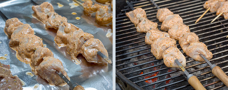 Chicken Kebabs: Piercing on skewer and begin grilling