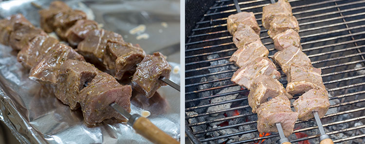 Beef Kebabs: Piercing on skewer and begin grilling
