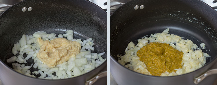 Cooking the onions, garlic, ginger, and chili paste.