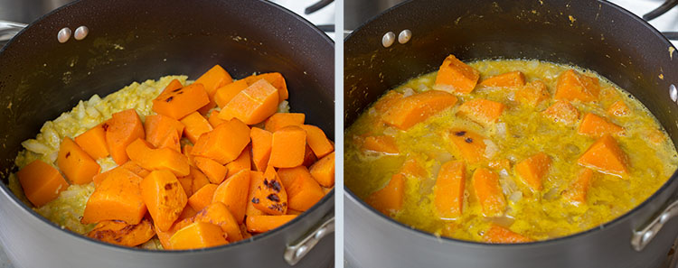 Adding the butternut squash and vegetable broth to the pot.