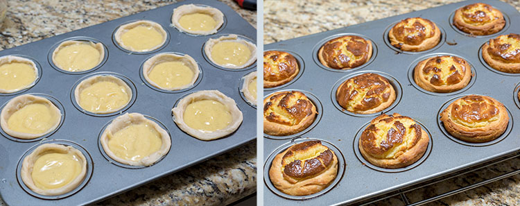 Egg tarts before and after bake.