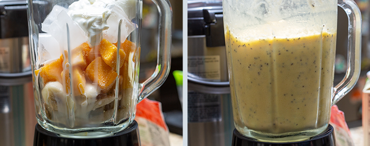 Ingredients to make smoothie in blender before and after blending image.