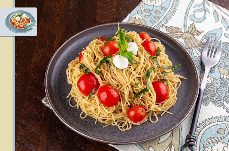 Chilled Tomato Pasta: In game image and my real world recipe