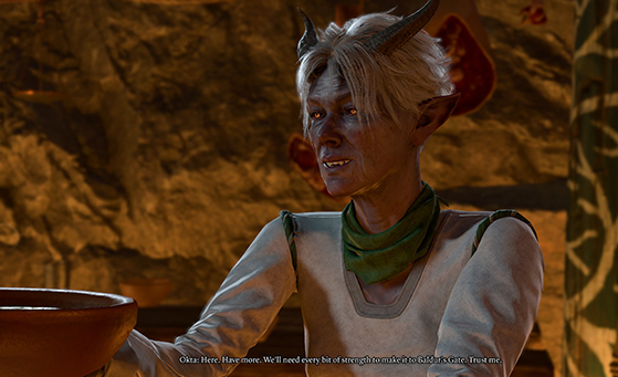 Baldur's Gate 3 screenshot of Okta handing the character a bowl of gruel.