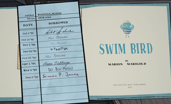 Screenshot of the Swim Bird Book from Blue Prince.